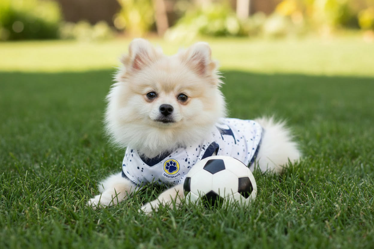 Pomeranian in Sportspaws USA jersey with soccer ball